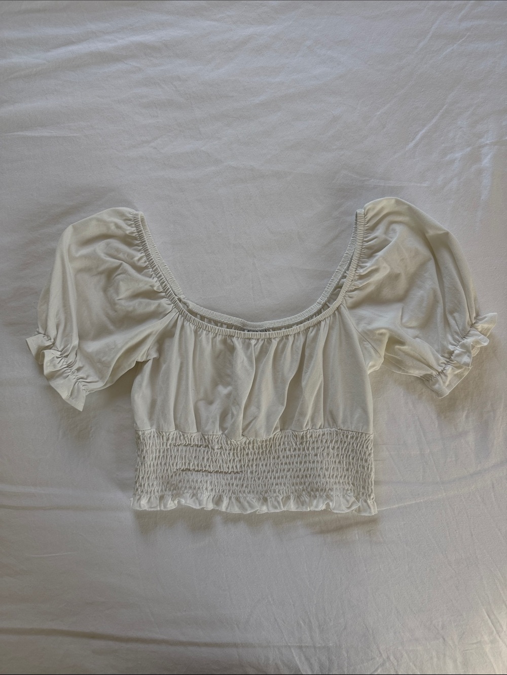 Topshop Cream Puff Sleeve Smocked Crop Top